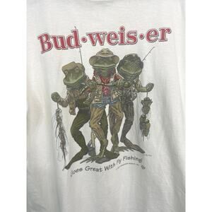 VTG Budweiser Frog Fishing XL T-Shirt 90s Fly Fishermen Graphic White Cotton